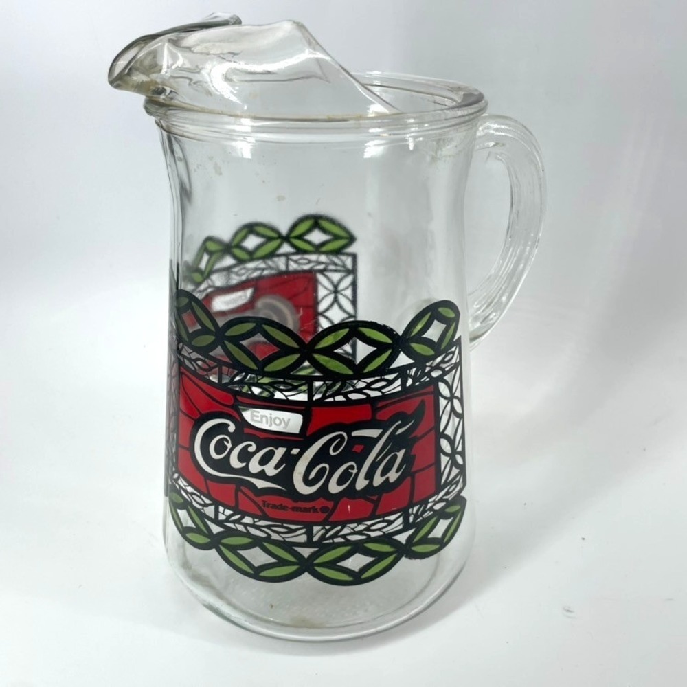 Vintage 1970 Coca-Cola Tiffany Style Stained Glass Pitcher Ice Guard holds 72 oz